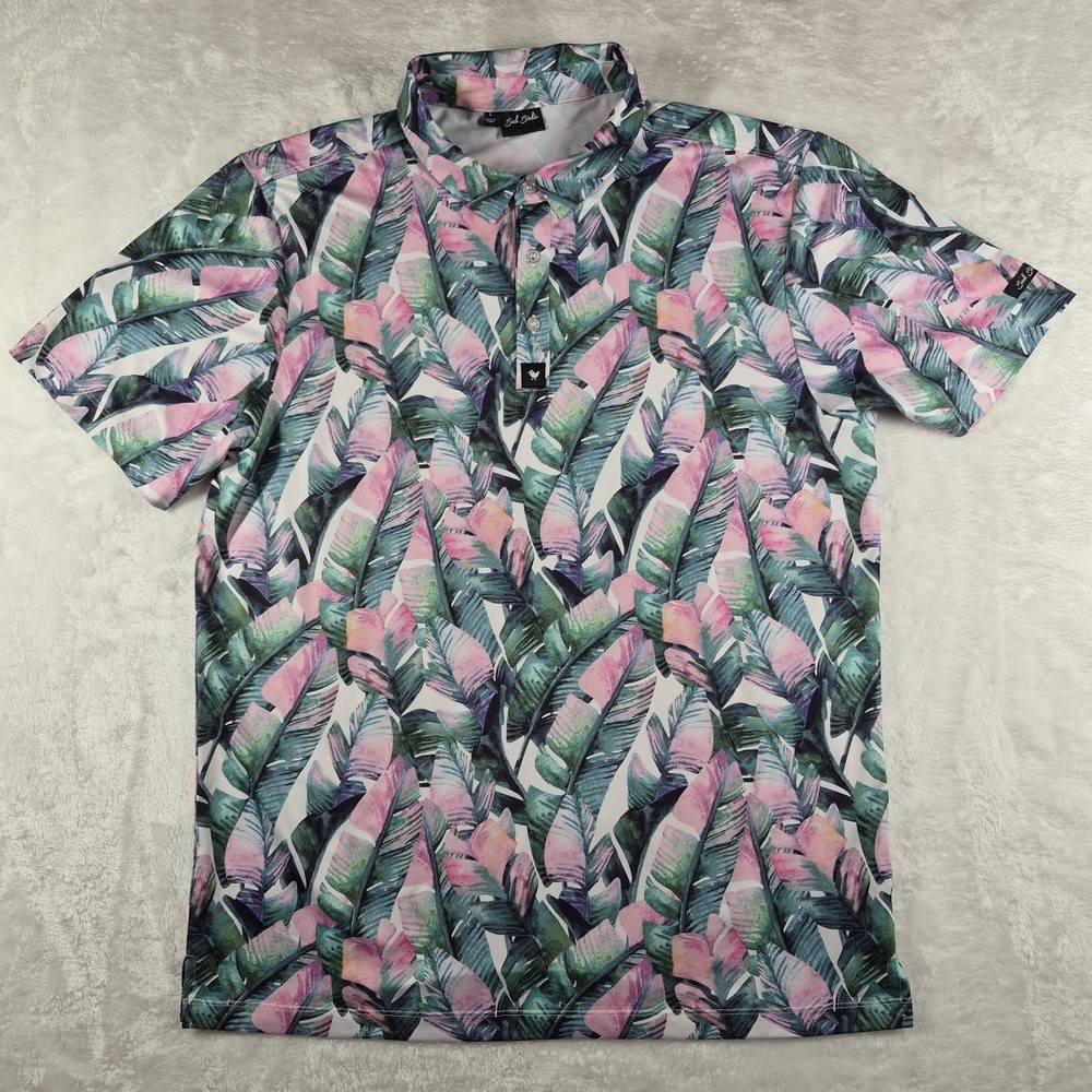 Bad Birdie Polo Shirt Men's Large Leaf Print Performance Golf Casual Comfort